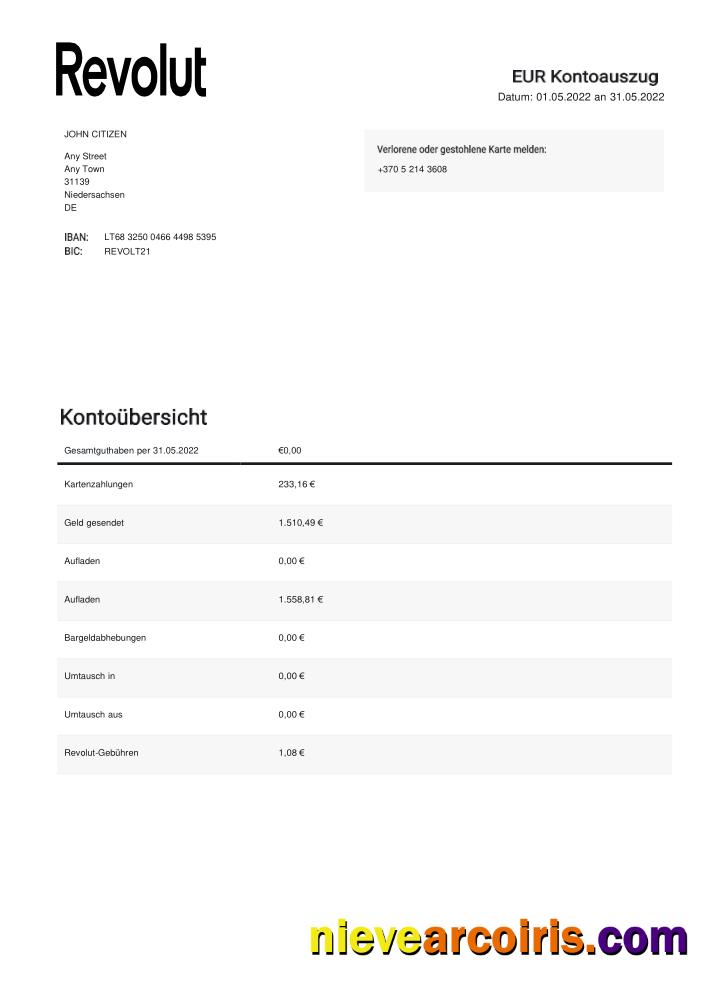 Germany Revolut EUR bank statement, Word and PDF format, 2 pages